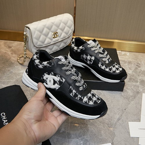 Chanel CC Logo Tweed & Suede Low-Top Sneakers