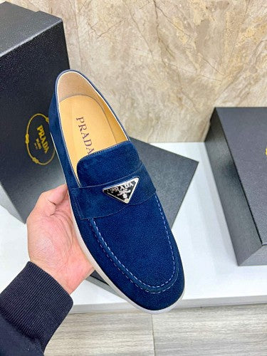 Prada Navy Blue Suede Triangle Logo Loafers