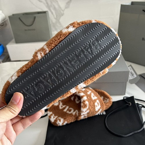 Balenciaga Allover Logo Furry Slide Sandals
