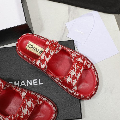 Chanel CC Logo Houndstooth Double-Strap Slide Sandals