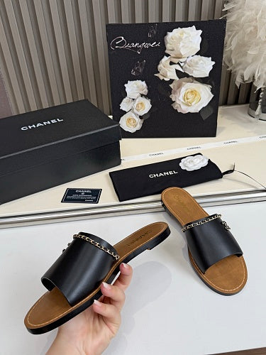 Chanel CC Logo Chain-Trim Slide Sandals