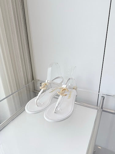 Chanel White CC Thong Slingback Sandals