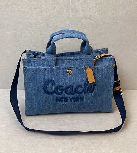 Coach Denim Cargo Tote Bag with Embroidered Logo