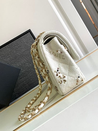 Chanel Ivory Tweed Embellished Classic Flap-Style Bag