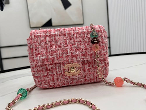 Chanel Pink Tweed Mini Flap Bag with Charm Chain Strap