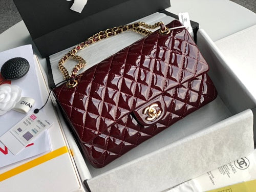 Chanel Burgundy Patent Leather Quilted Classic Double Flap Bag