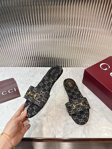 Gucci GG Monogram Horsebit Flat Slide Sandals
