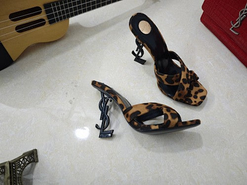 Saint Laurent Opyum Leopard-Print YSL Logo-Heel Mule Sandals