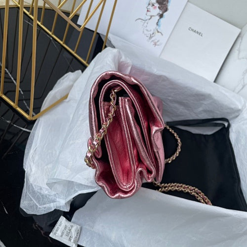 Chanel Metallic Pink Ruched Flap Bag / Chain Shoulder Bag