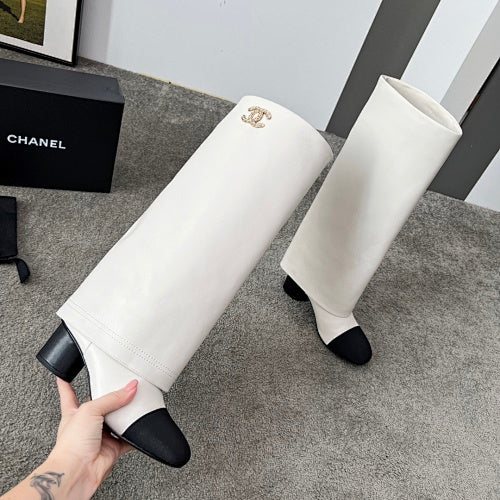 Chanel Two-Tone CC Logo Knee-High Riding Boots