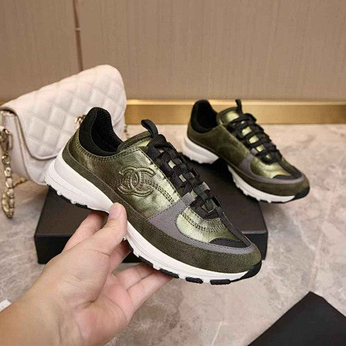 Chanel CC Logo Metallic Olive Green Runner Sneakers