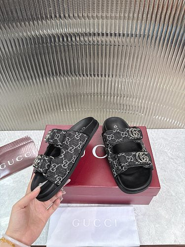 Gucci GG Denim Double-Strap Slide Sandals