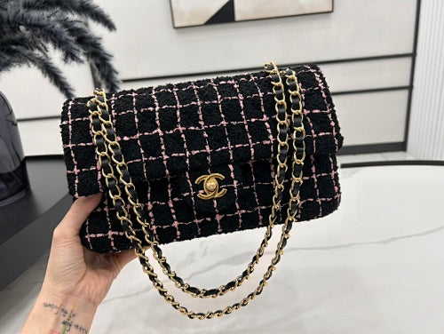 Chanel Black & Pink Tweed Classic Flap-Style Bag