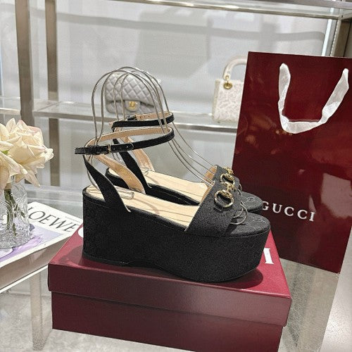 Gucci Black Horsebit Platform Wedge Sandals