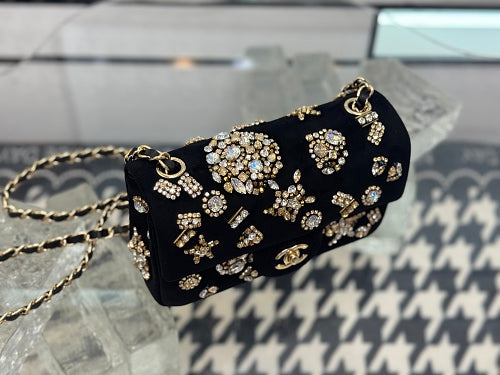 Chanel Black Crystal-Embellished Mini Flap / Evening Bag