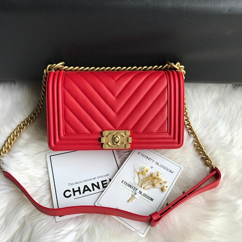 Chanel Red Chevron Quilted Boy Bag