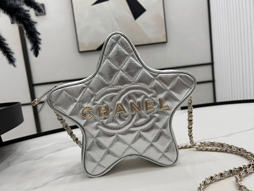Chanel Silver Metallic Quilted Star-Shaped Chain Bag.