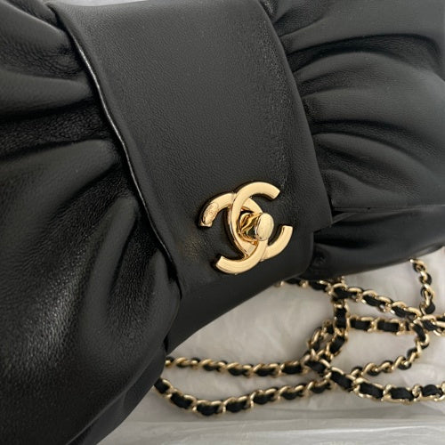 Chanel Metallic Black Ruched Flap Bag / Chain Shoulder Bag.