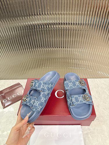 Gucci GG Denim Double-Strap Slide Sandals