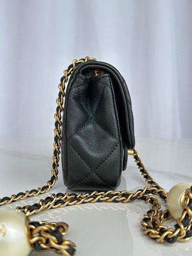 Chanel Black Quilted Flap Bag with Pearl-Embellished Chain Strap