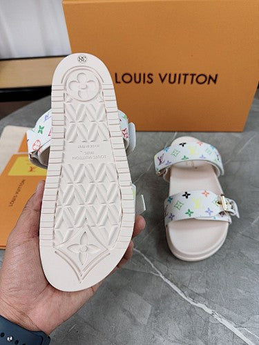 Louis Vuitton White Multicolor Monogram Double-Strap Slide Sandals