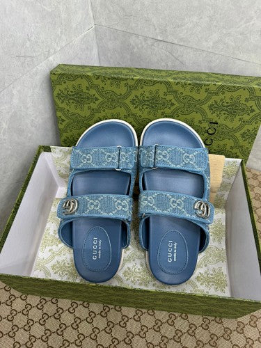 Gucci Double G Denim Jacquard Platform Sandals