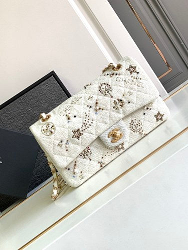 Chanel Ivory Tweed Embellished Classic Flap-Style Bag