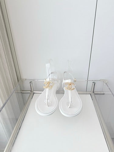 Chanel White CC Thong Slingback Sandals