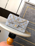 Chanel Light Blue Tweed Crystal & Pearl Embellished Flap Bag