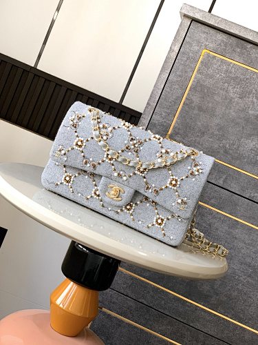 Chanel Light Blue Tweed Crystal & Pearl Embellished Flap Bag