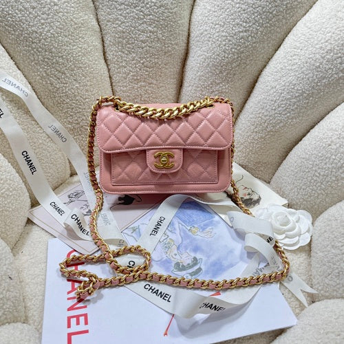 Chanel Pink Quilted Flap Bag with Front Pocke