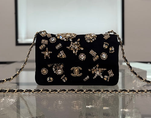 Chanel Black Crystal-Embellished Mini Flap / Evening Bag