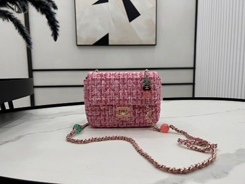 Chanel Pink Tweed Mini Flap Bag with Charm Chain Strap