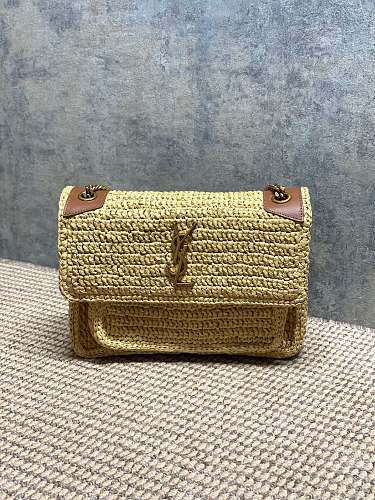Saint Laurent (YSL) Natural Raffia Crochet Niki-Style Flap Bag