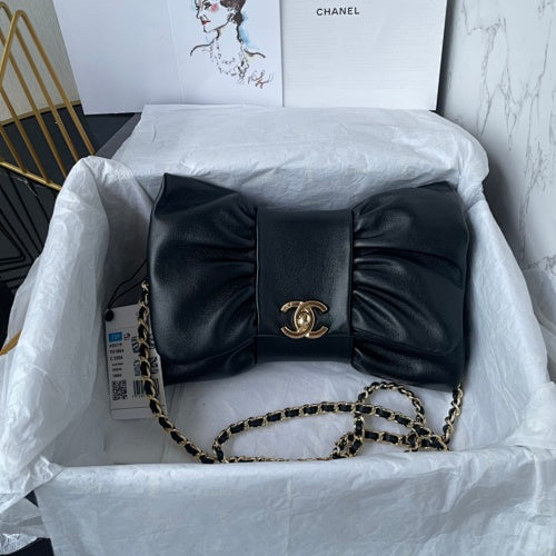 Chanel Metallic Black Ruched Flap Bag / Chain Shoulder Bag.