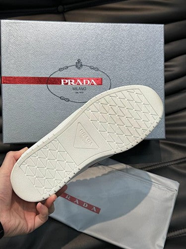 Prada White Leather Low-Top Sneakers with Burgundy Logo Stripe