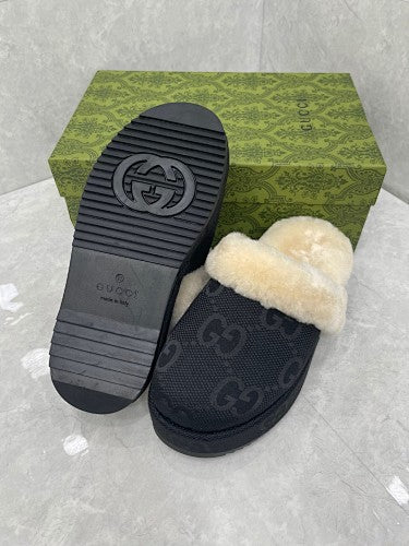 Gucci Black GG Canvas Shearling-Lined Mule Slippers
