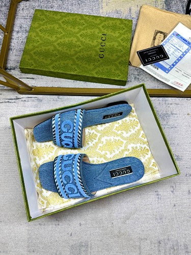 Gucci Logo Denim Slide Sandals