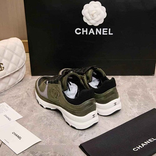 Chanel CC Logo Metallic Olive Green Runner Sneakers