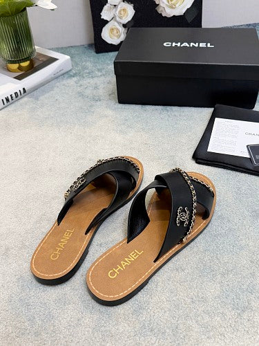 Chanel CC Logo Chain-Trim Crisscross Slide Sandals