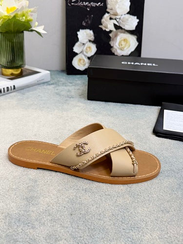 Chanel CC Logo Chain-Trim Crisscross Slide Sandals