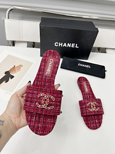 Chanel CC Chain Tweed Flat Slide Sandals – Burgundy/Berry