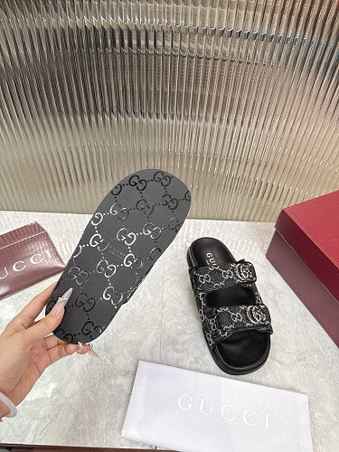 Gucci GG Denim Double-Strap Slide Sandals