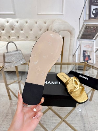 Chanel CC Logo Metallic Gold Leather Slide Sandals