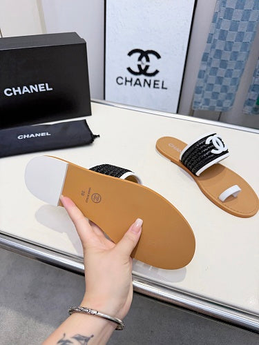 Chanel CC Logo Woven Toe-Ring Sandals