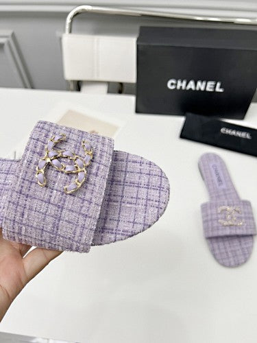 Chanel CC Chain Tweed Flat Slide Sandals