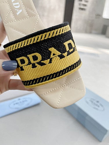 Prada Logo Embroidered Woven Slide Sandals