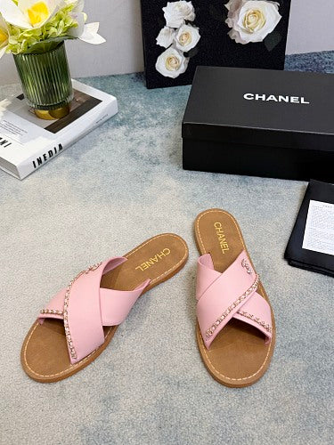 Chanel CC Logo Chain-Trim Crisscross Slide Sandals