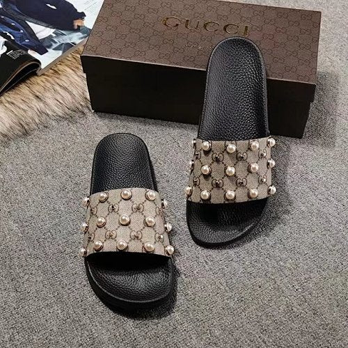 Gucci GG Supreme Pearl-Embellished Slide Sandals