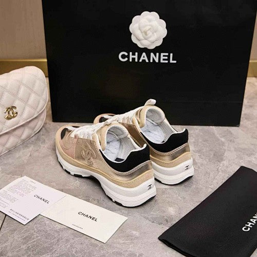 Chanel CC Metallic Gold, Beige & White Low-Top Runner Sneakers
